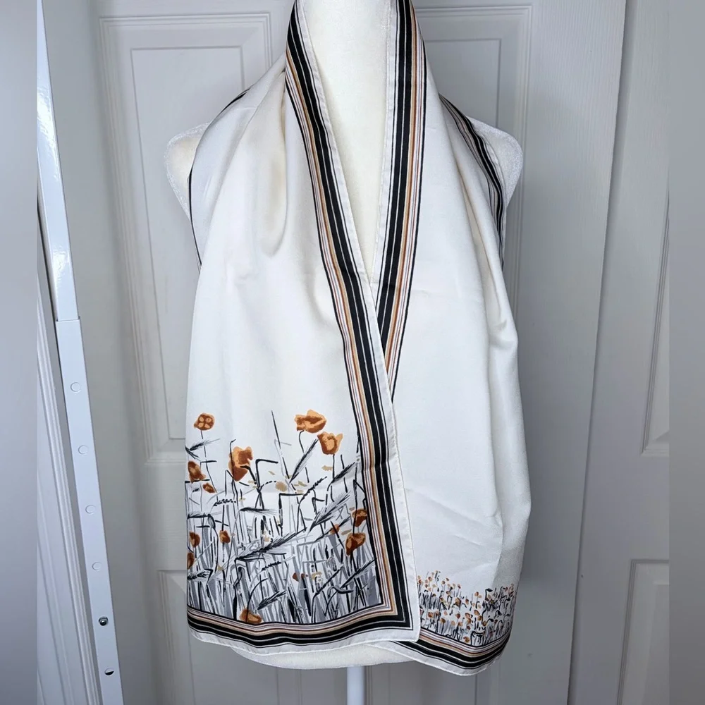 Satin White Floral Scarf with Striped Border